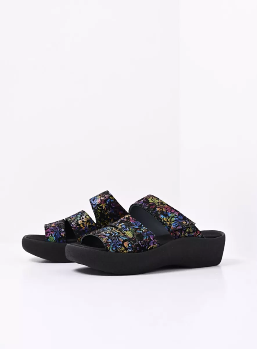 Wolky Slippers 03207 Aporia 47999 zwart/multi flower nubuck